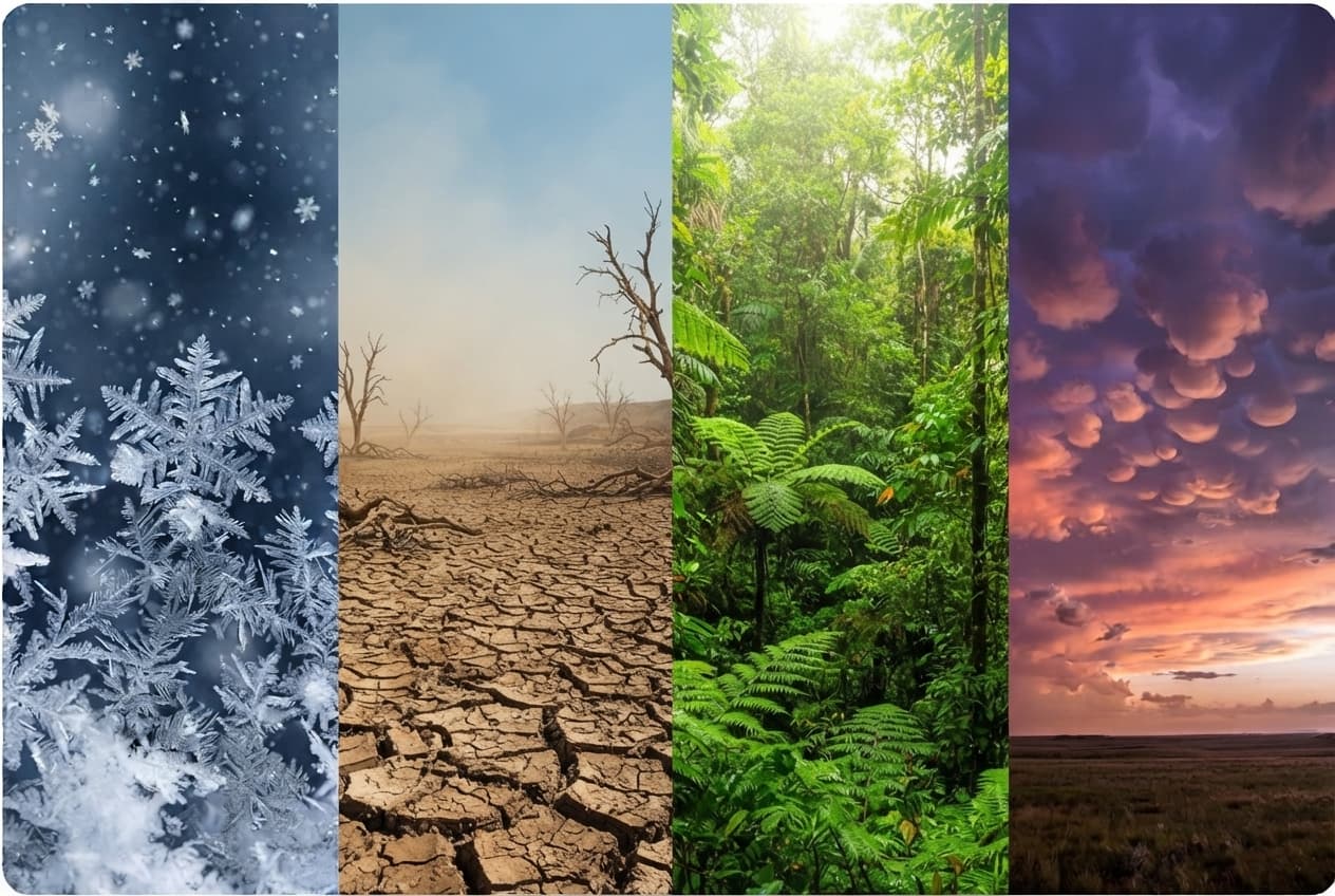 Image with 4 different weather panels, snow, drought, rain, storm