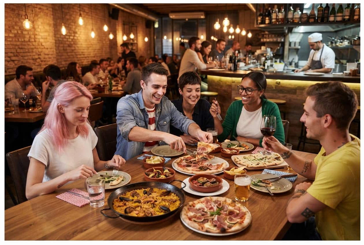 Friends sitting in a restaurant enjoying a meal.
