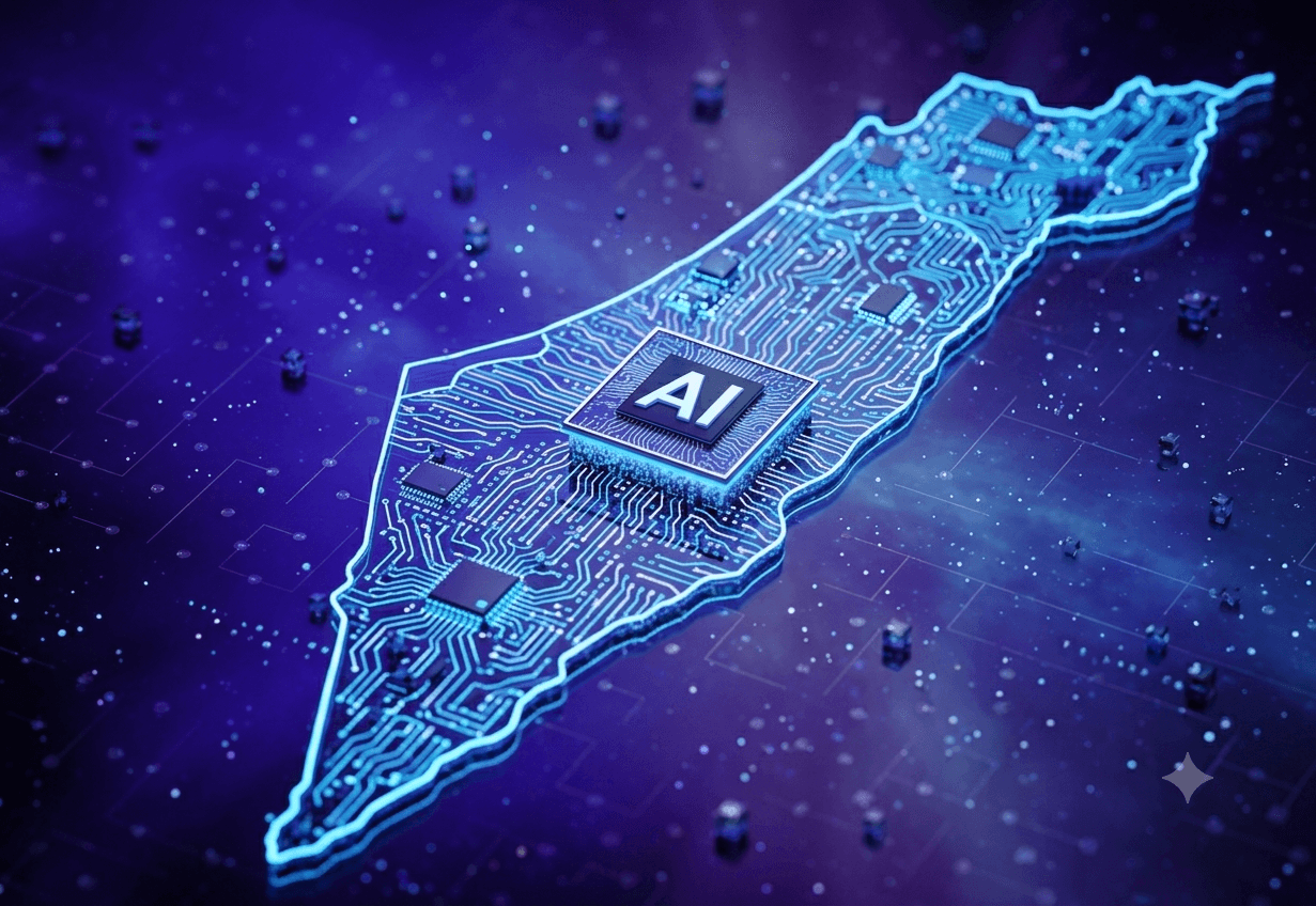 A computer chip with the letters AI centred on the map of Israel